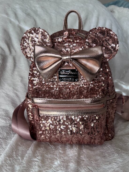 Disney Parks Loungefly Rose Gold Sequin Minnie Mouse Mini Backpack Bow Ears